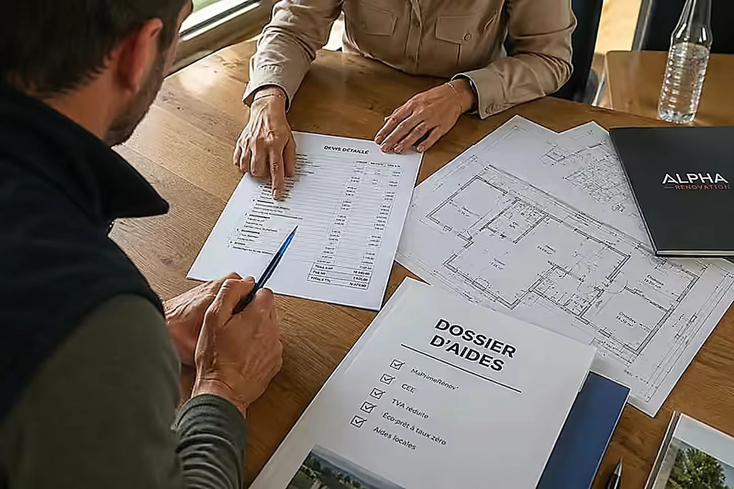 Devis détaillé et dossier d’aides examinés autour d’une table