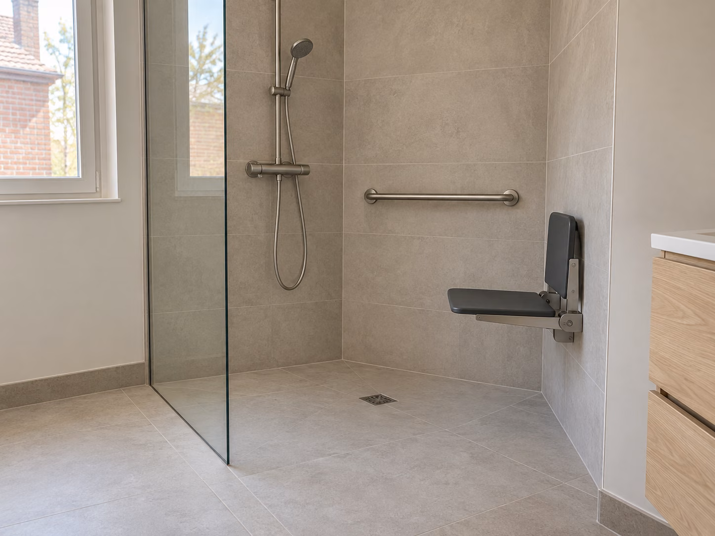 Une douche de plain-pied avec barre d’appui inox et siège relevable, carrelage clair antidérapant