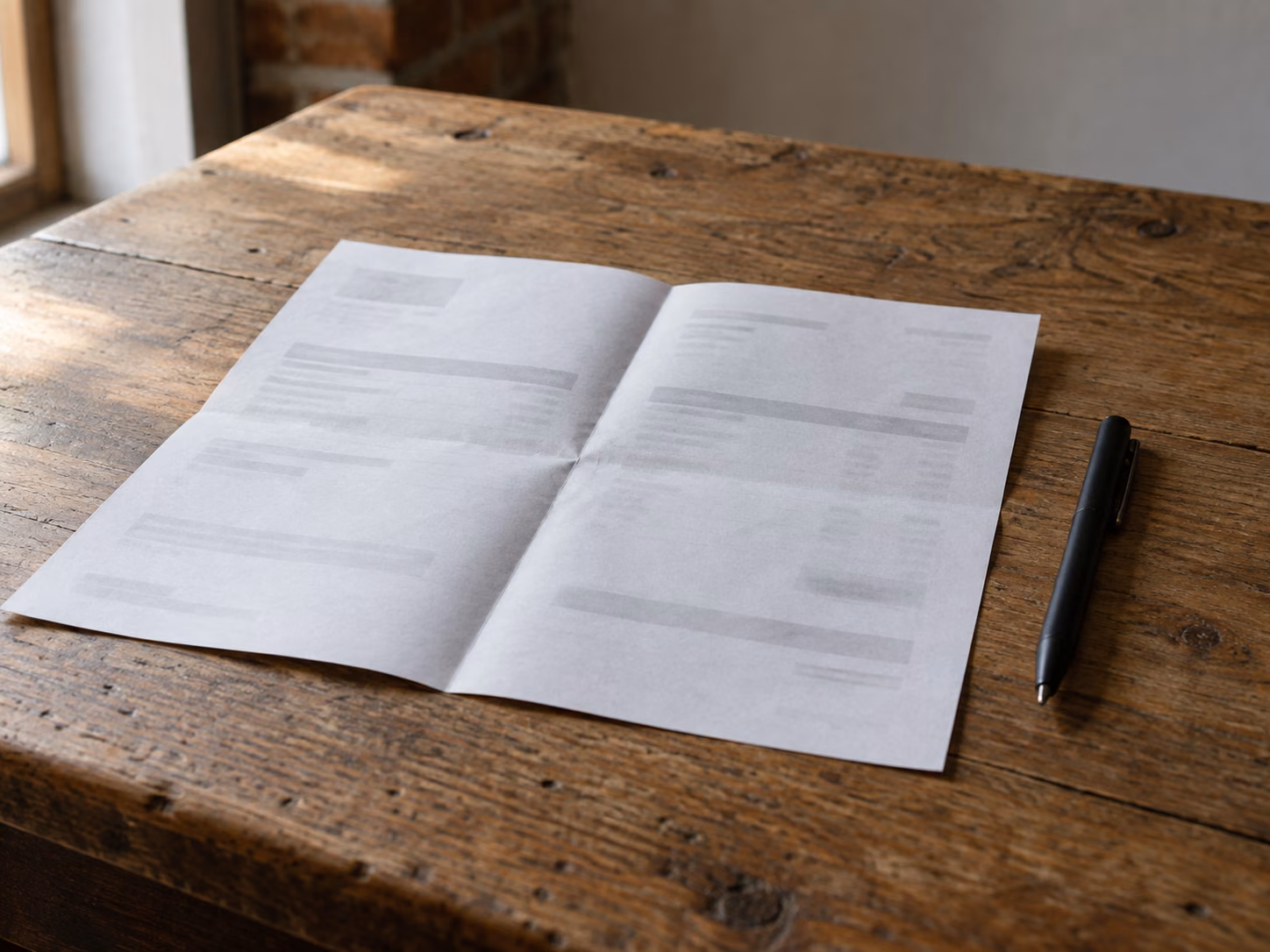 Un document de devis papier posé sur une table, plié en deux, stylo à côté, texte volontairement illisible