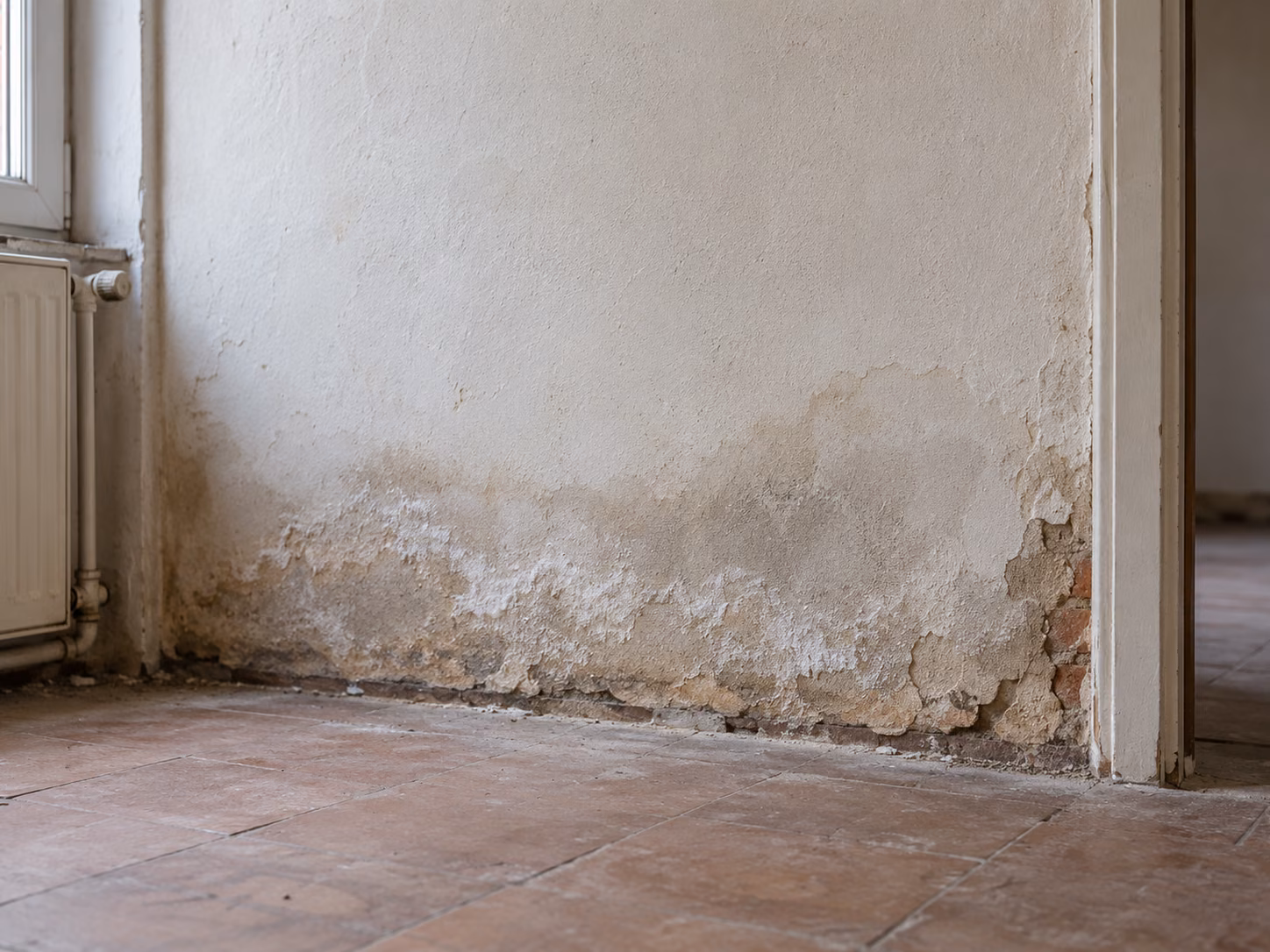 Un mur intérieur présentant une auréole d’humidité et un début de salpêtre blanc au bas de la cloison