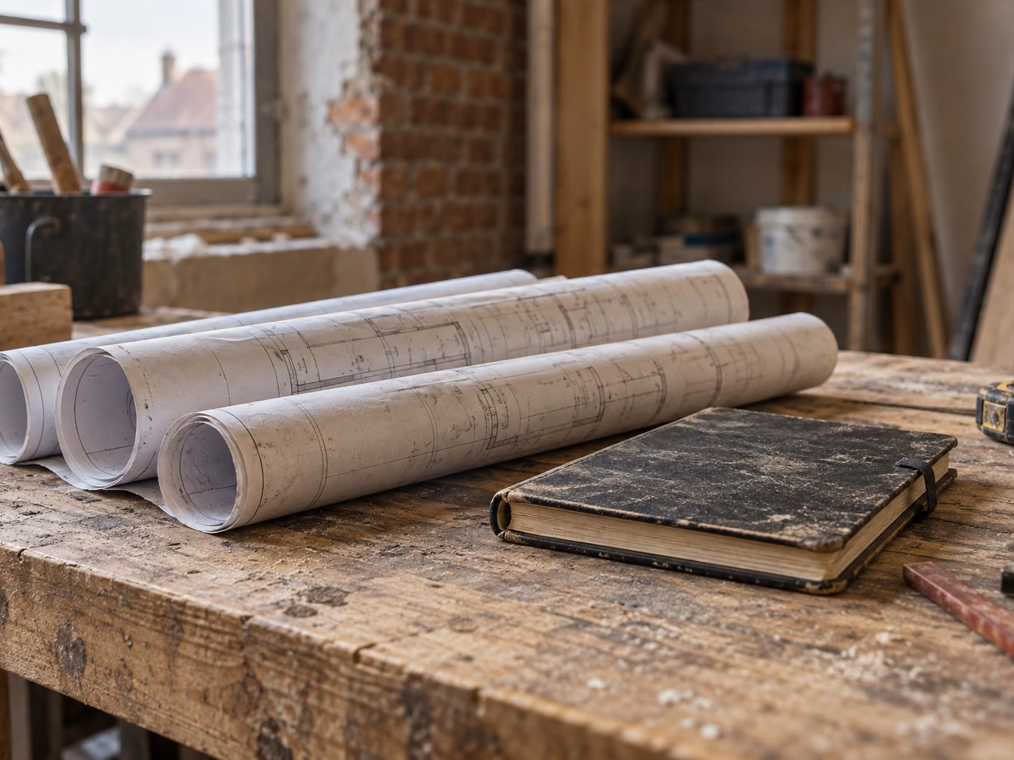 Une pile de plans roulés et un carnet de notes sur un établi en bois, atelier en arrière-plan flou
