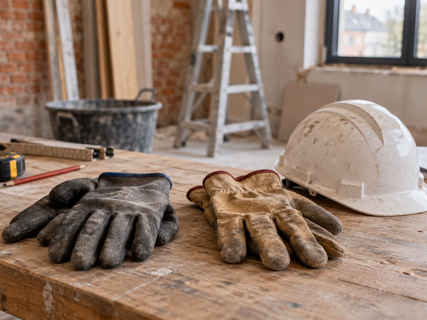 Deux paires de gants de chantier posées côte à côte sur un plan de travail, casque de chantier à côté