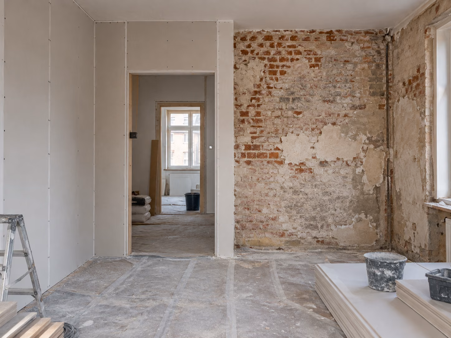 Un chantier intérieur où deux zones de travail voisines sont visibles : une cloison montée et un mur en attente d’enduit