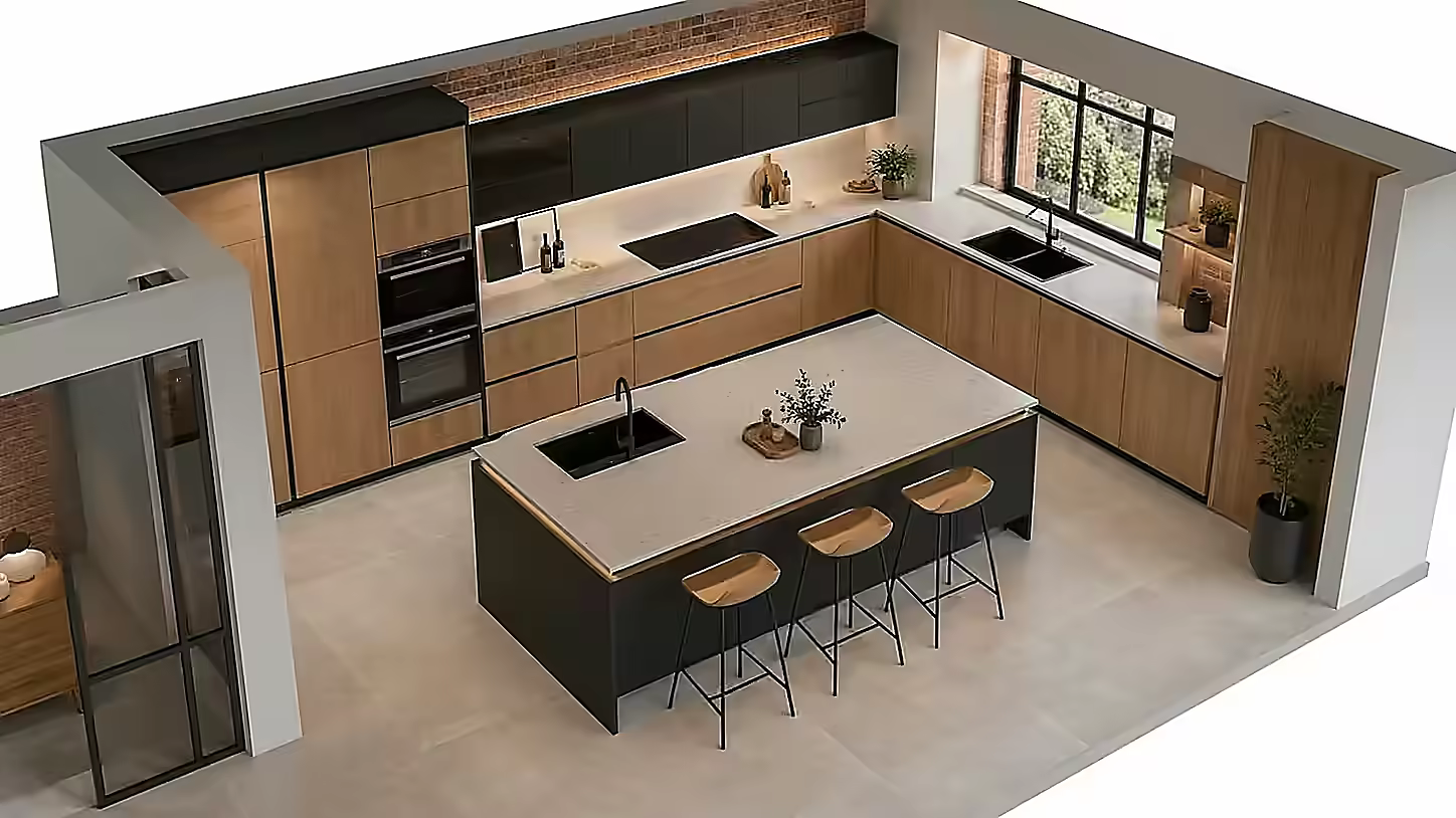 Cuisine ouverte sur le séjour après rénovation, îlot central et rangements toute hauteur