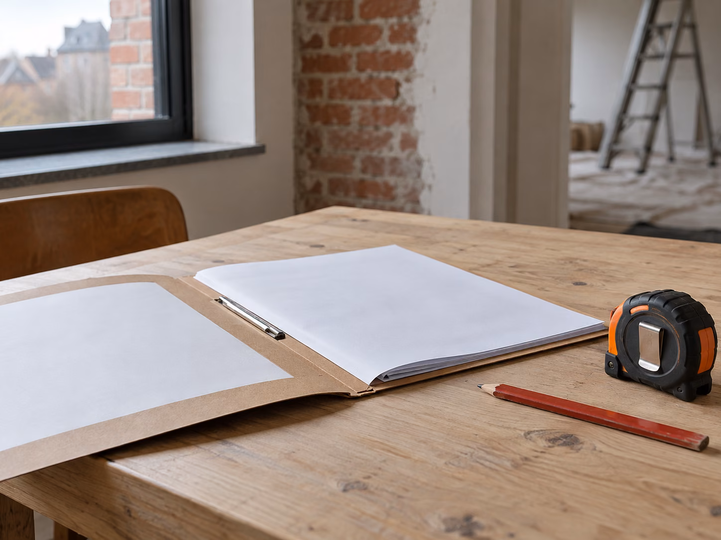 Un dossier papier ouvert sur une table en bois clair, avec un mètre ruban et un crayon plat, texte non lisible
