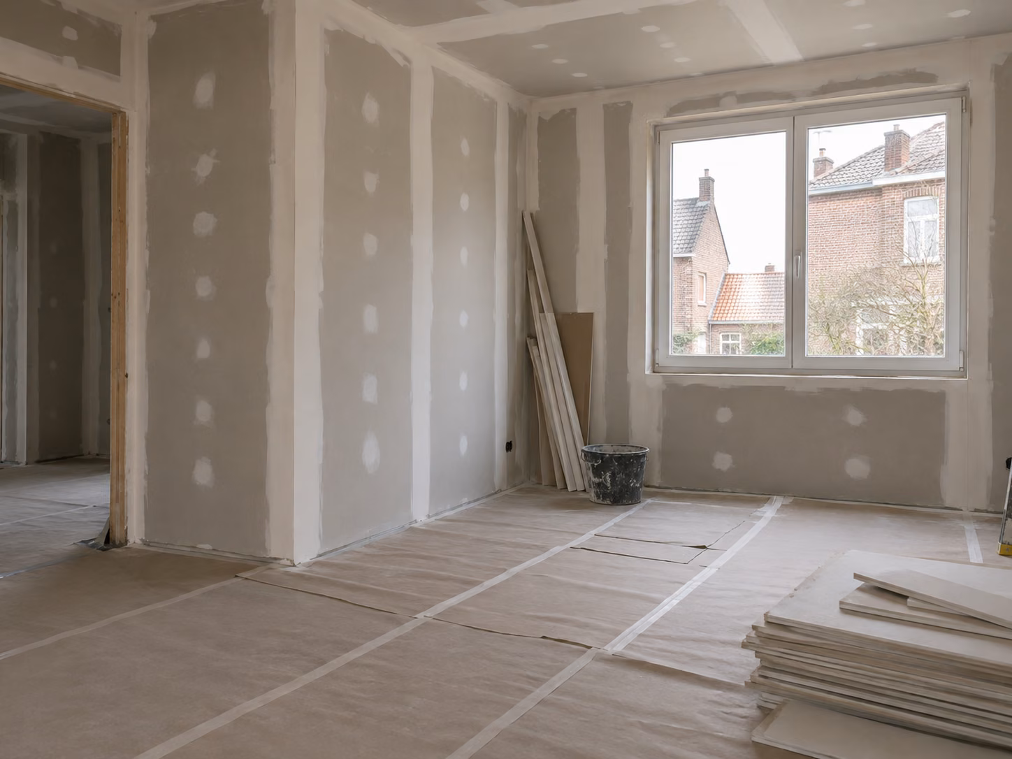 Un chantier intérieur en milieu de parcours : cloisons montées, bandes de joint séchant, sol protégé par du carton