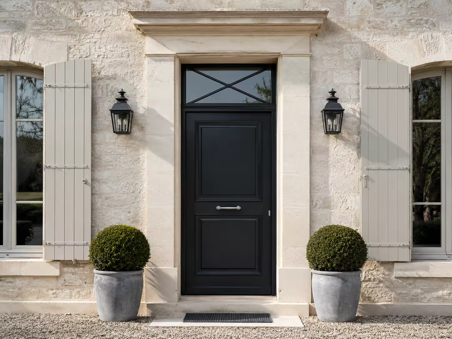 Entrée symétrique en pierre claire, porte sombre encadrée de deux lanternes