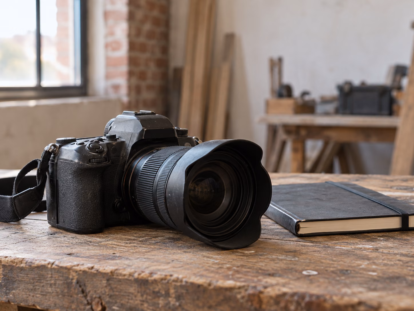 Un appareil photo reflex posé sur une table à côté d’un carnet fermé, arrière-plan d’atelier flou