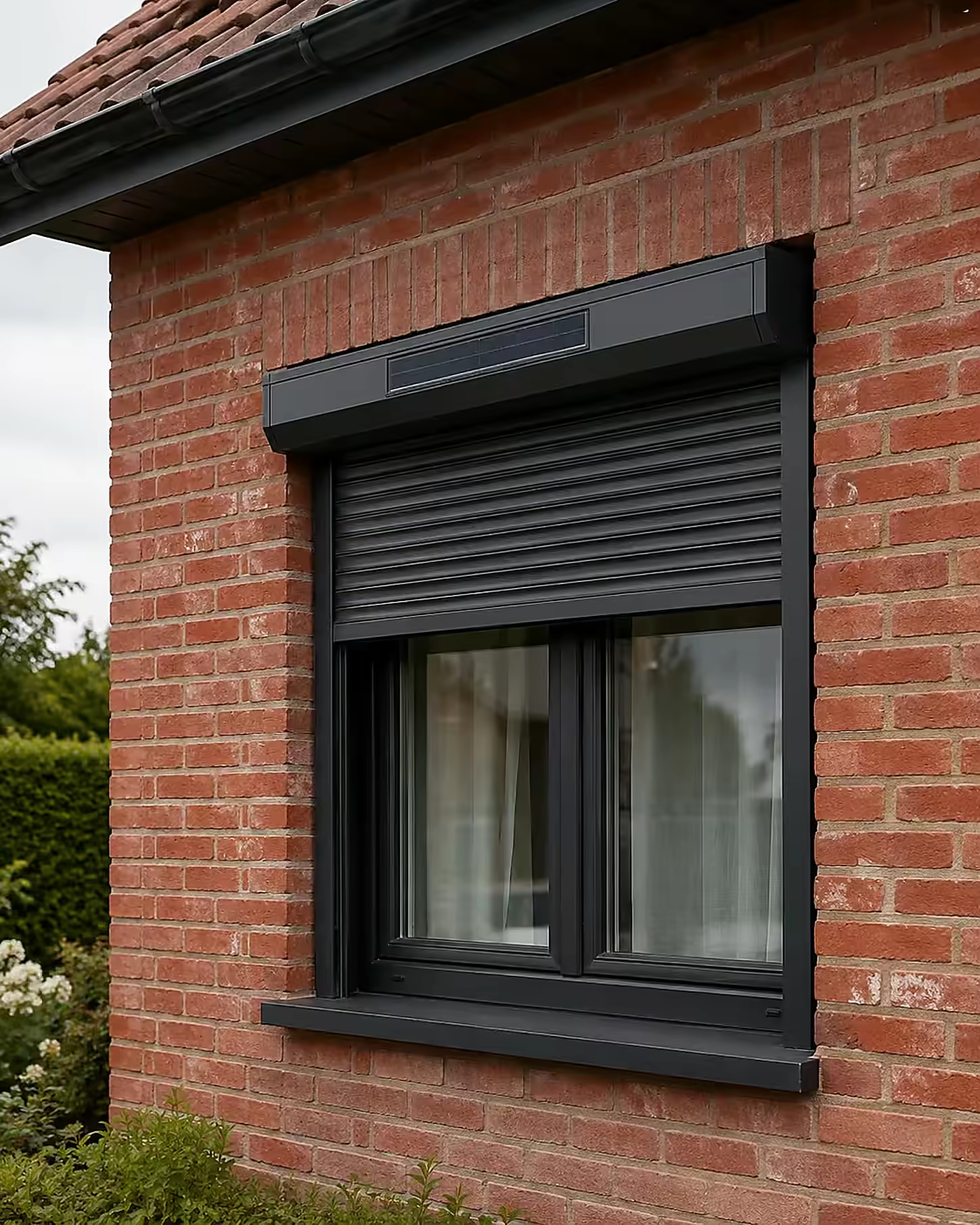 Fenêtre neuve et volet roulant posés sur une façade de brique