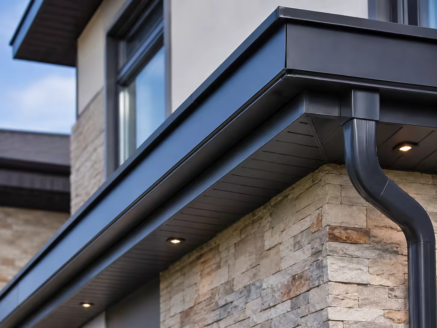 Angle de toiture avec gouttière en aluminium neuve et descente d’eau pluviale