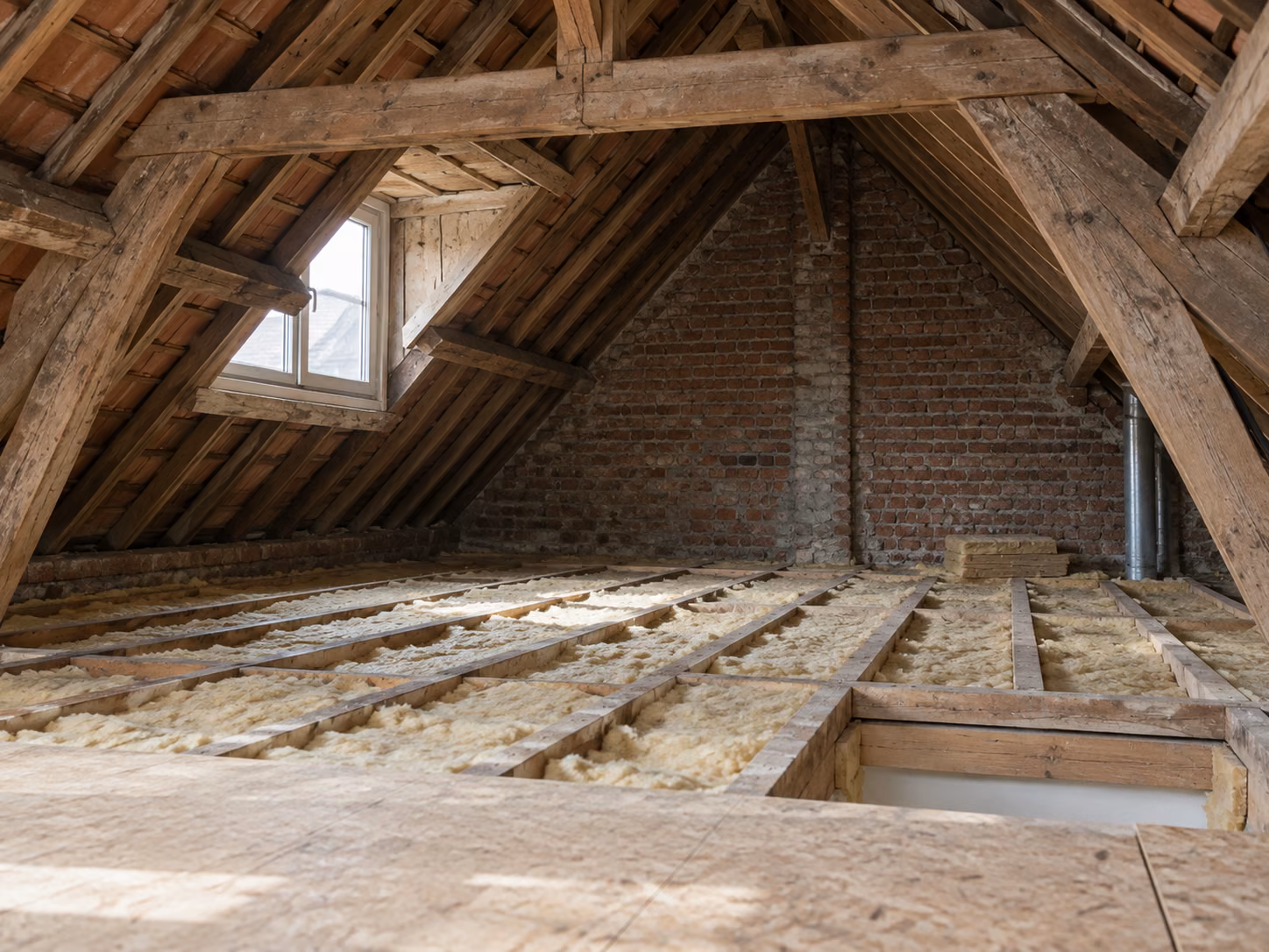 Combles non aménagés avec charpente en chêne apparente, plancher partiel et lucarne laissant entrer la lumière