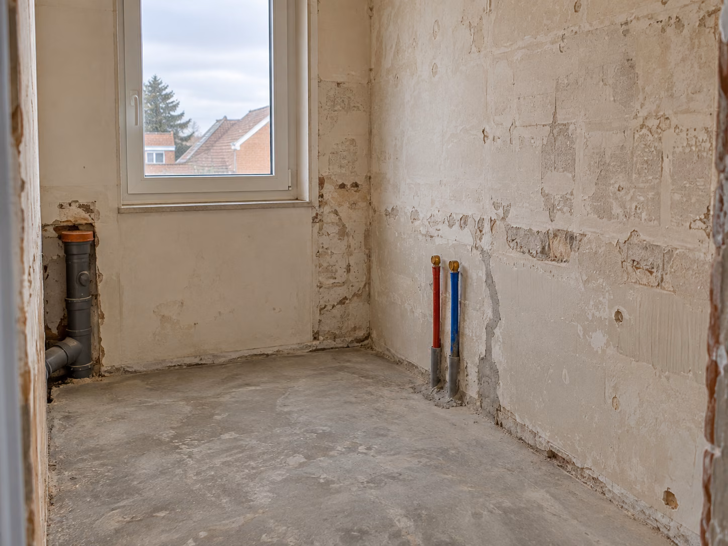 Pièce déposée jusqu’au support, attentes de plomberie sortant du mur et sol brut avant reprise