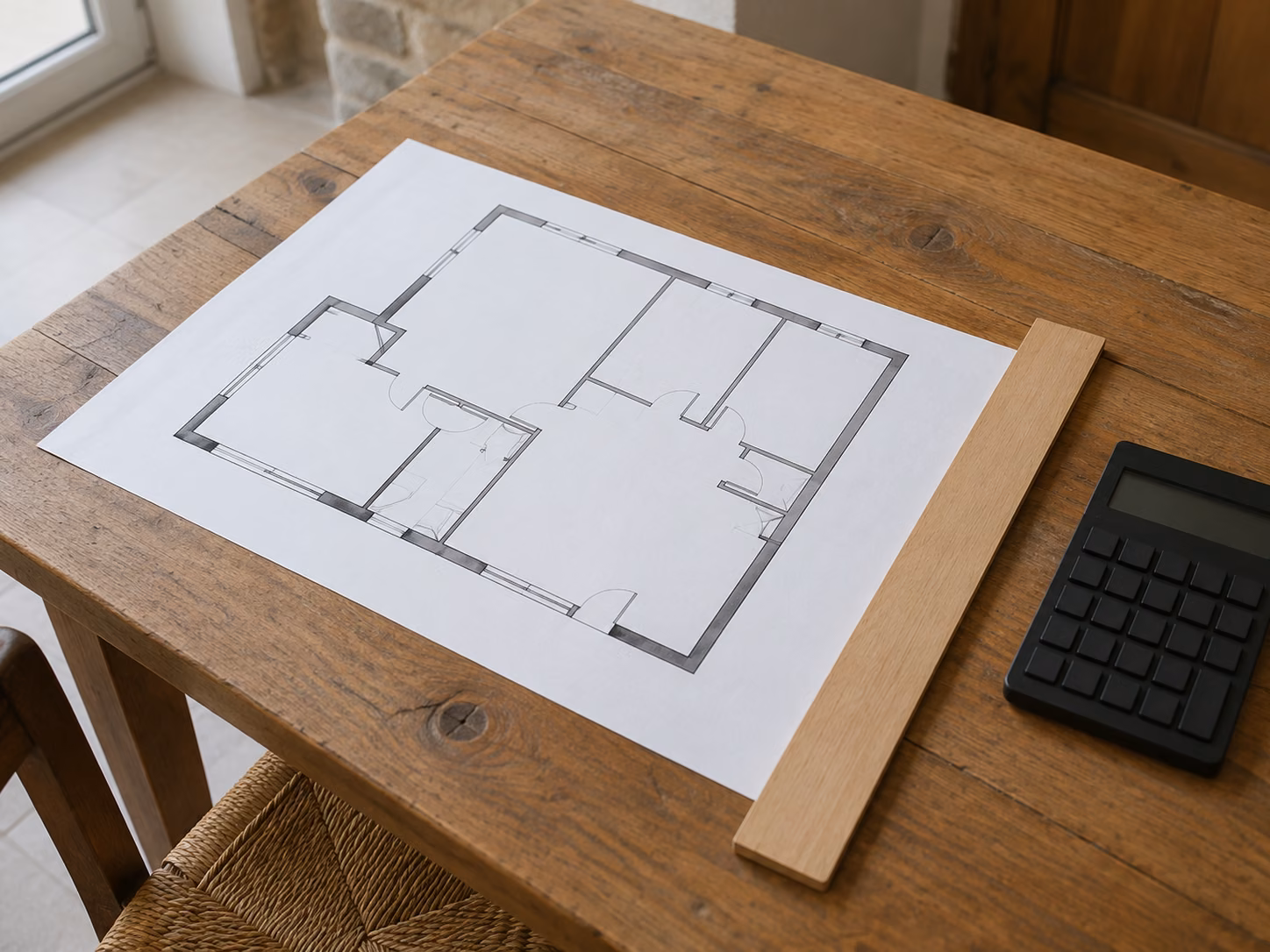 Plan de maison déplié sur une table en bois avec une calculatrice et une règle posées à côté