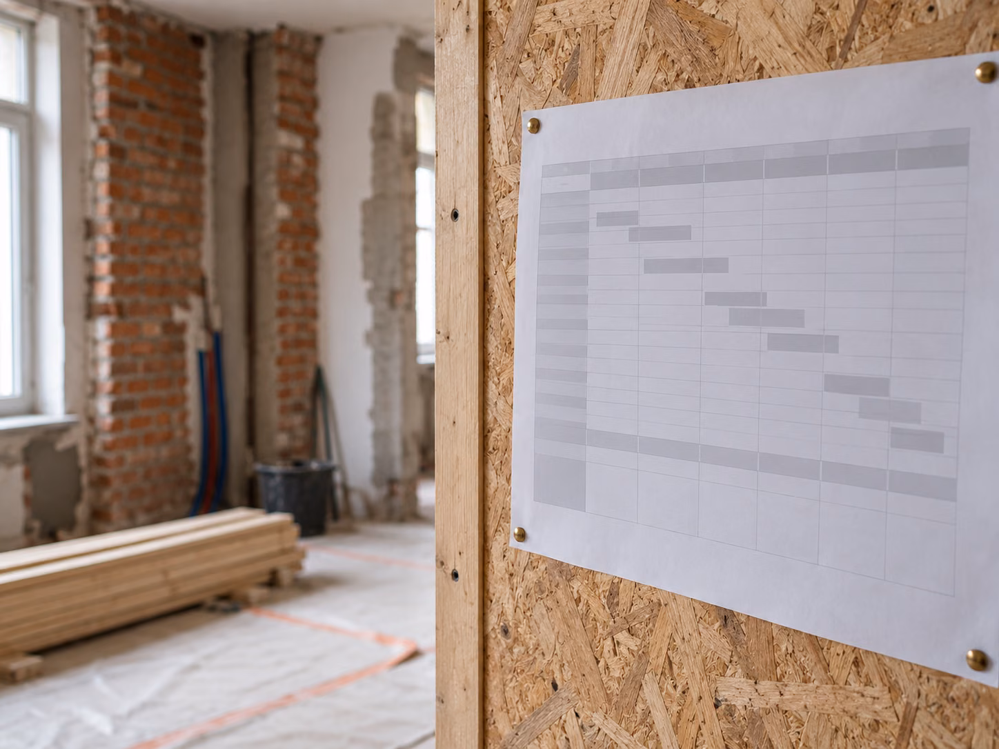 Planning de chantier affiché sur un panneau de bois dans une pièce en travaux, matériaux stockés au sol