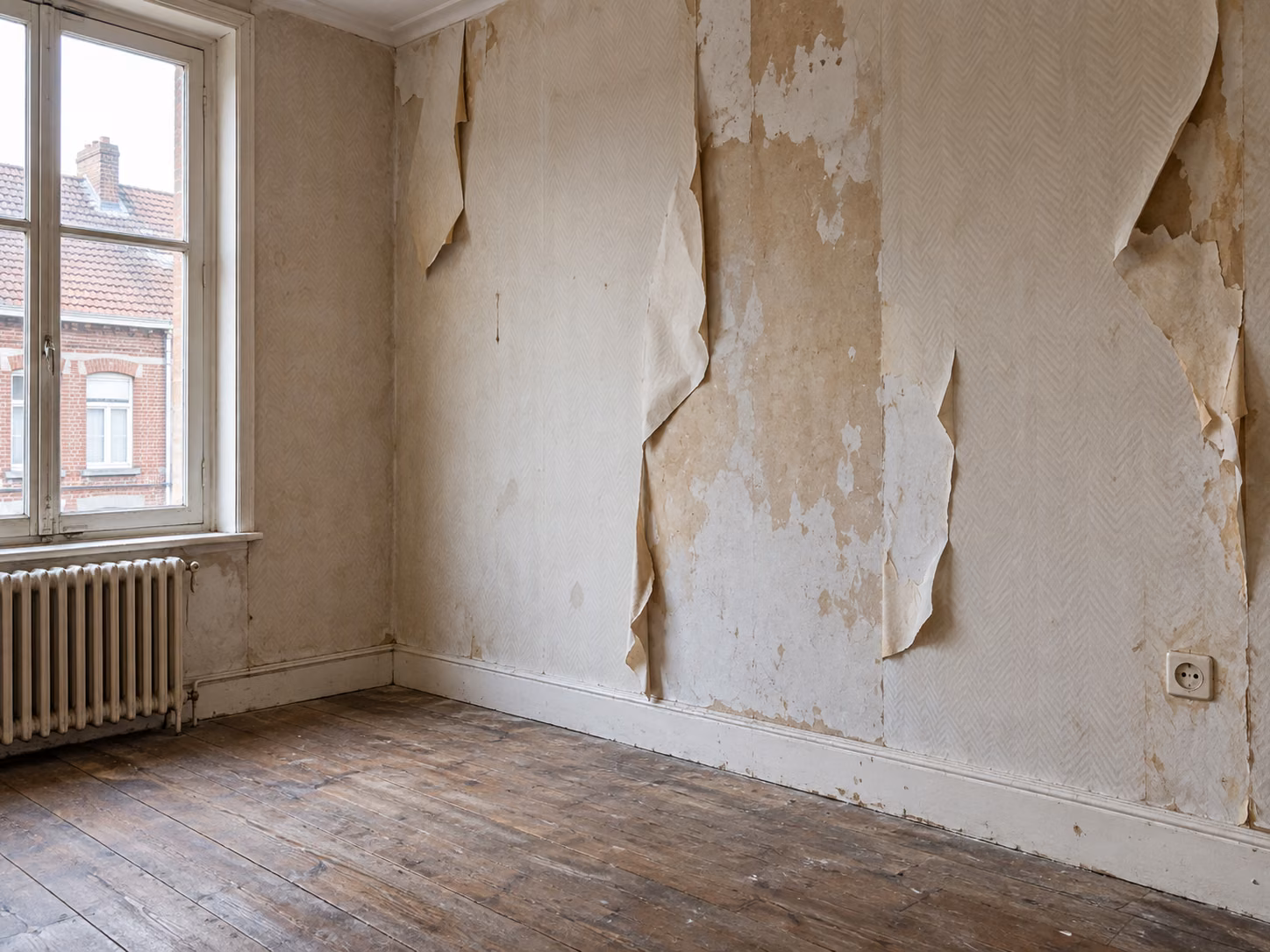 Pièce vide avec papier peint décollé par plaques, plancher usé et radiateur ancien sous la fenêtre