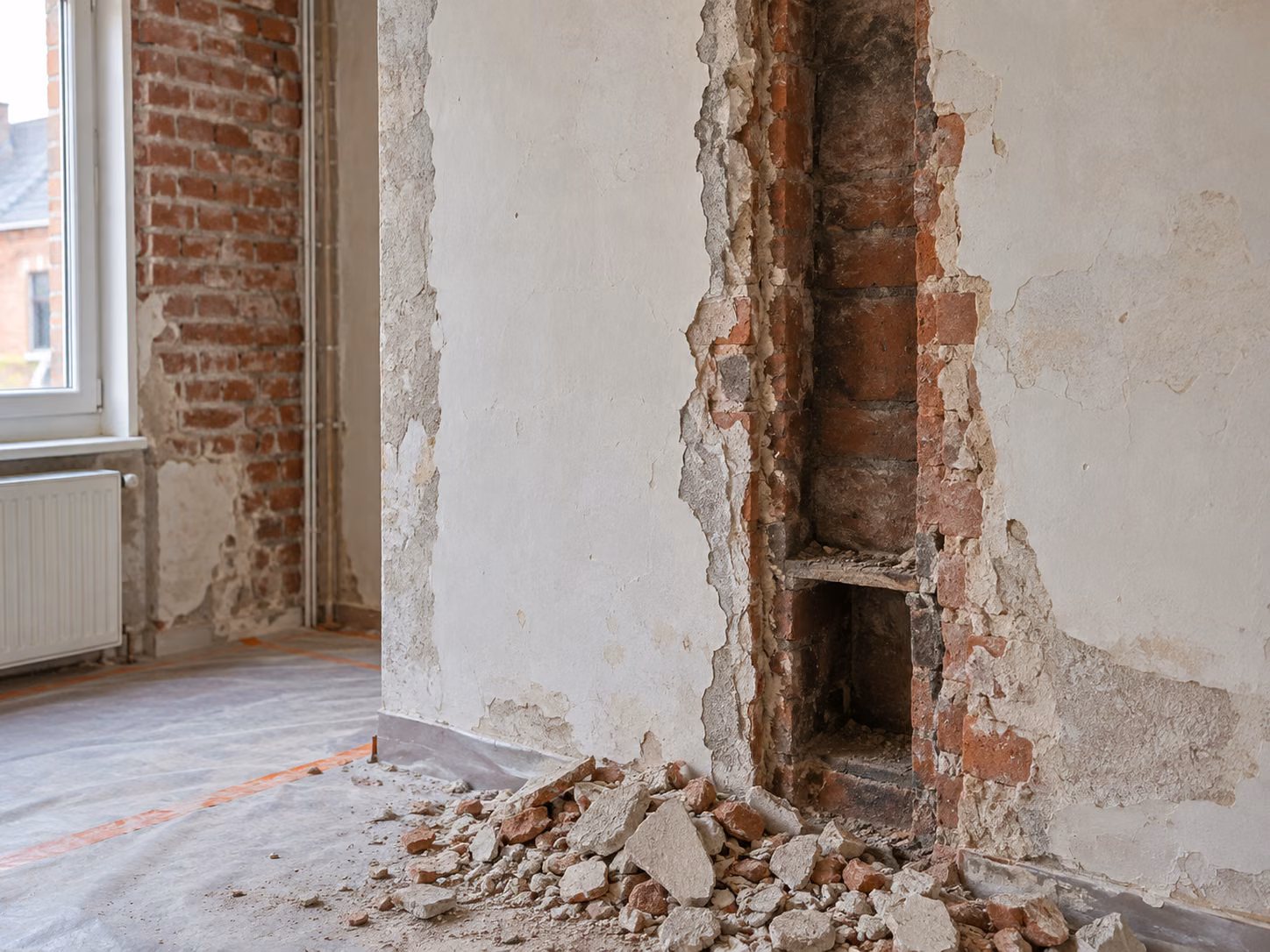 Mur ouvert révélant un ancien conduit maçonné, gravats tombés au pied de la cloison