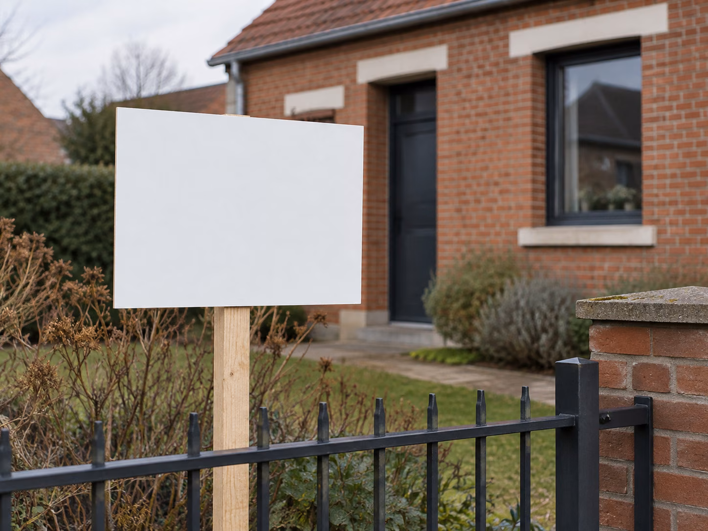 Panneau d’affichage de travaux vierge planté devant une clôture, maison en brique en arrière-plan