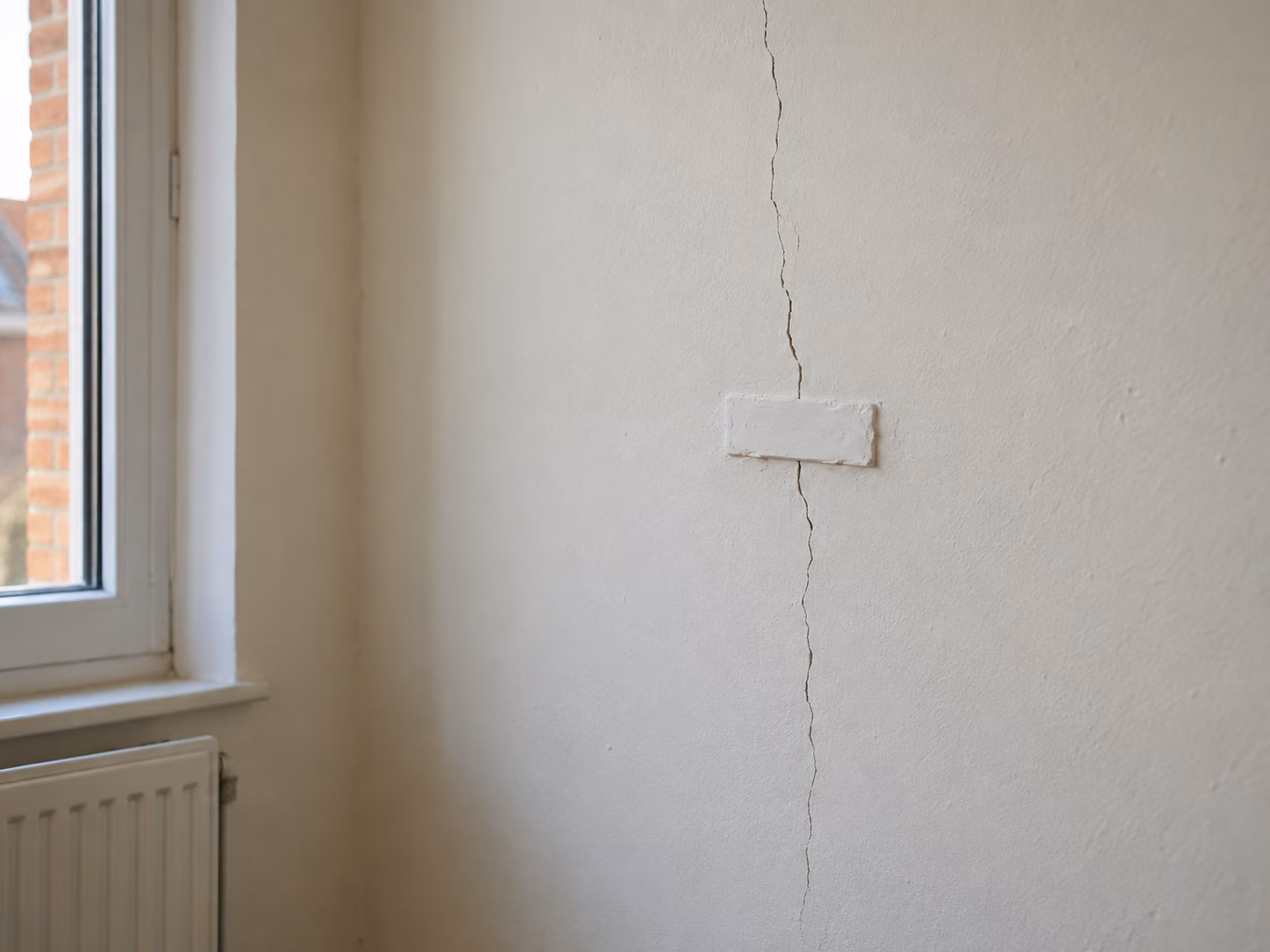 Fissure fine sur un mur intérieur peint, soulignée par la lumière rasante de la fenêtre