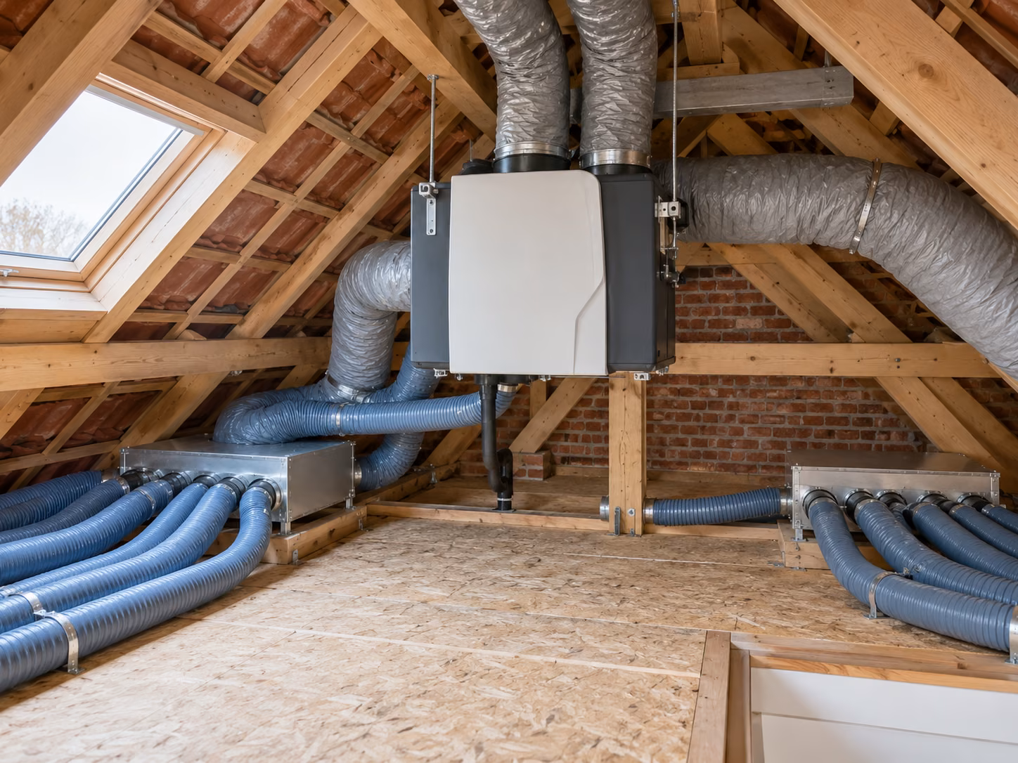 Caisson de ventilation double flux fixé sous rampant, gaines isolées réparties dans les combles