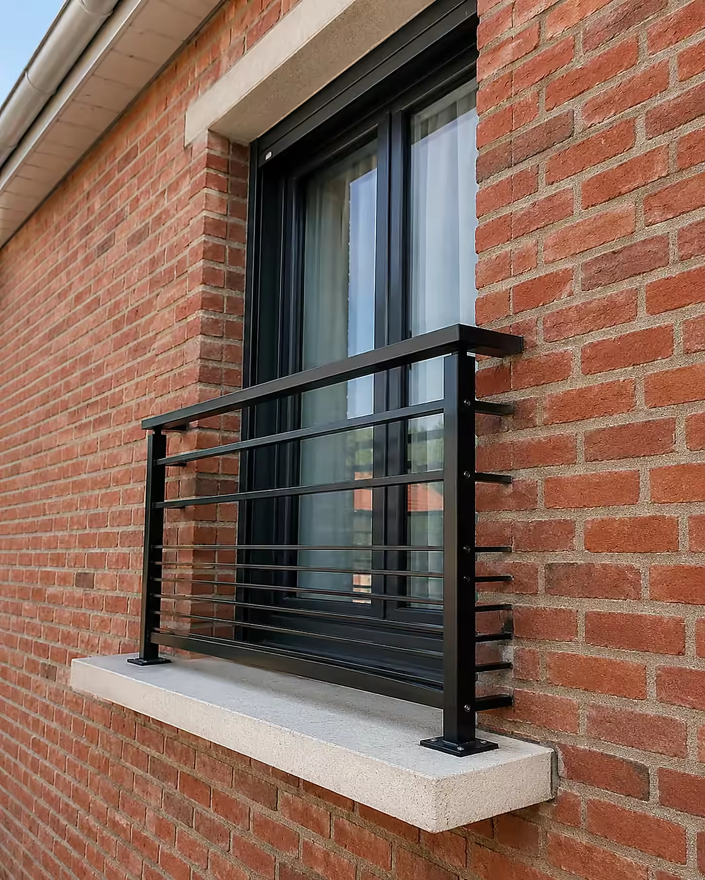 Fenêtre neuve posée dans un mur de brique, appui en pierre reconstituée et garde-corps métallique