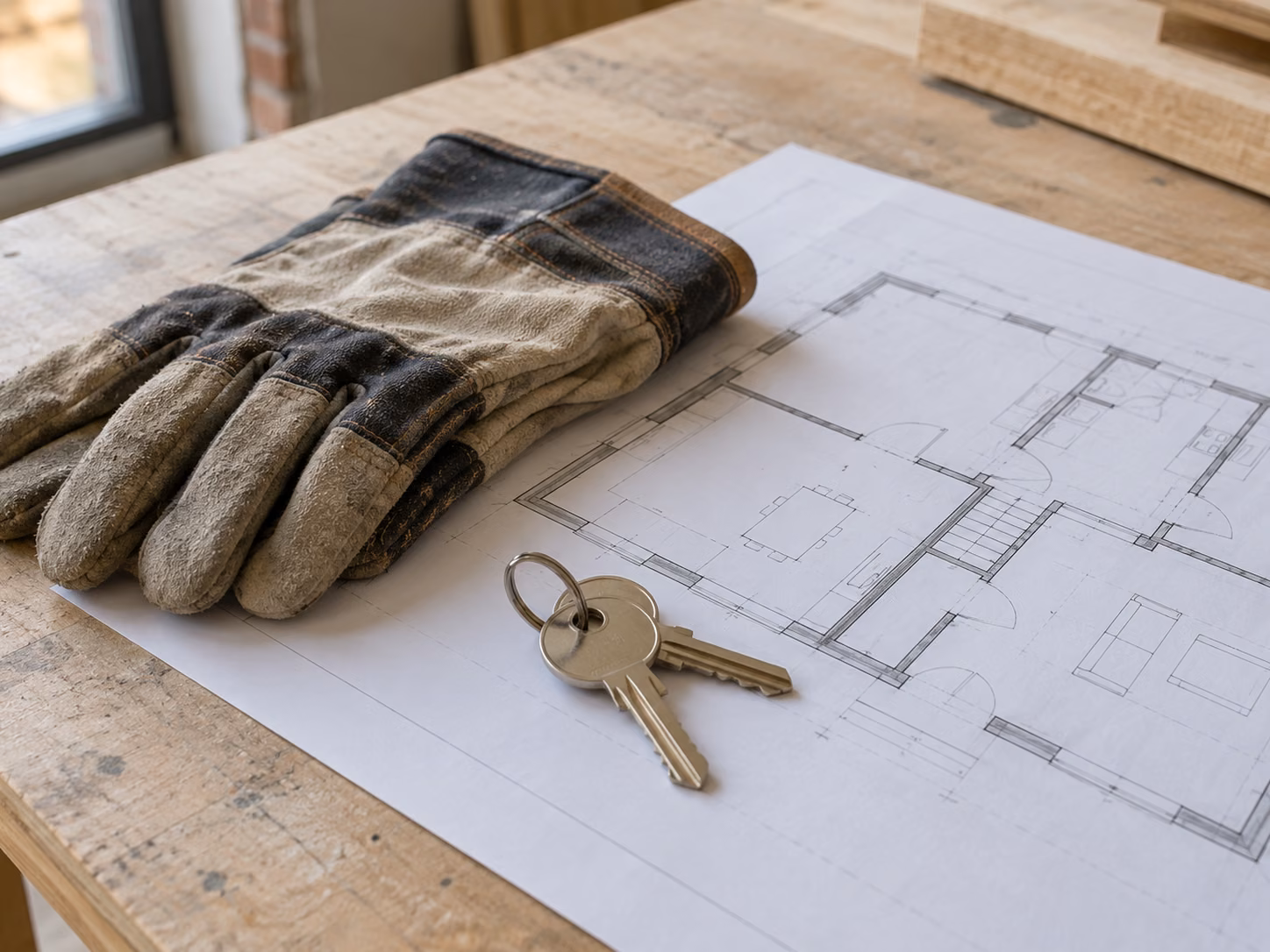 Gants de chantier et trousseau de clés posés sur un plan de maison, sur un plan de travail en bois