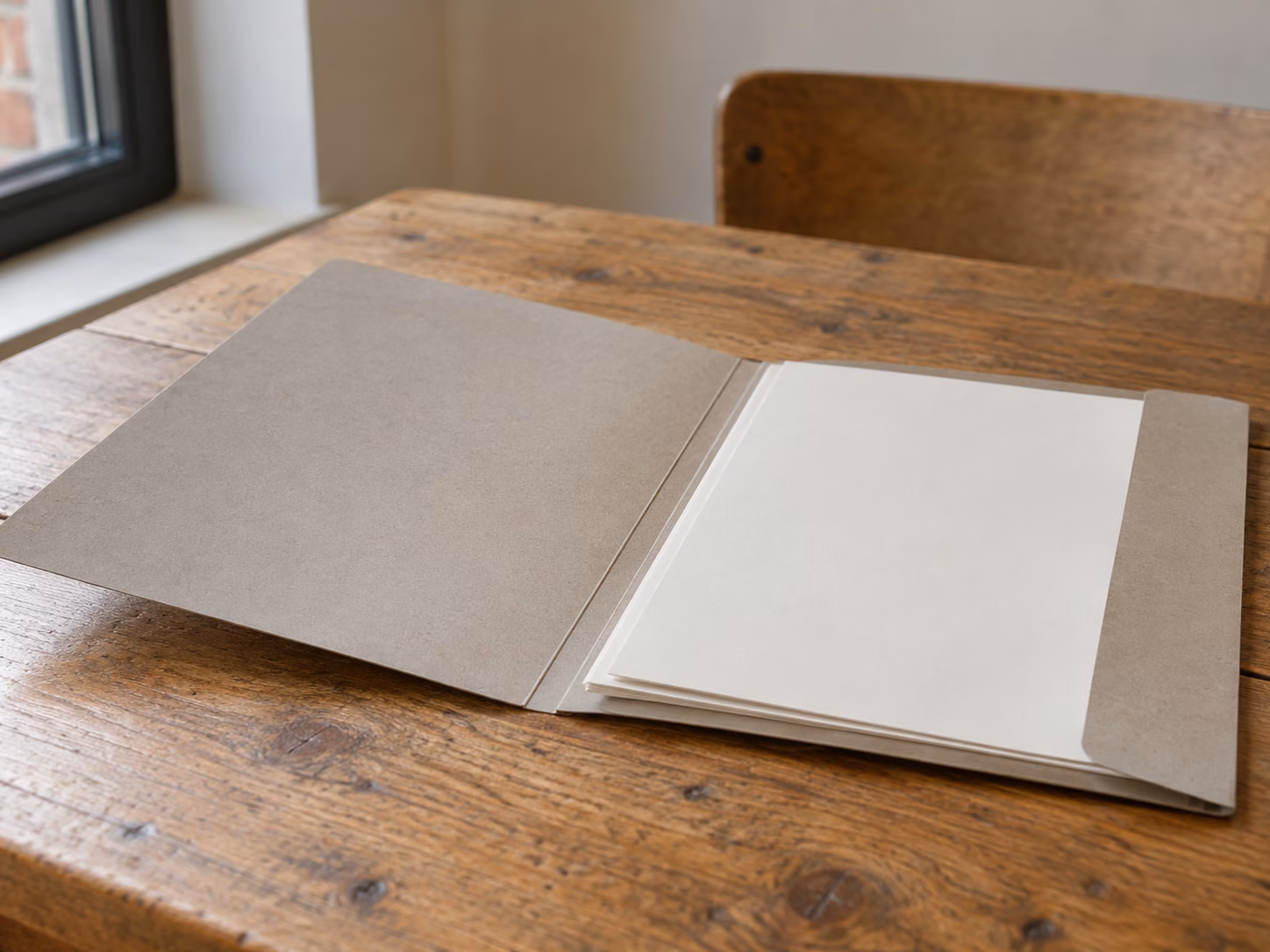 Une chemise cartonnée ouverte contenant des documents anonymes, sur une table en bois, lumière douce de fenêtre