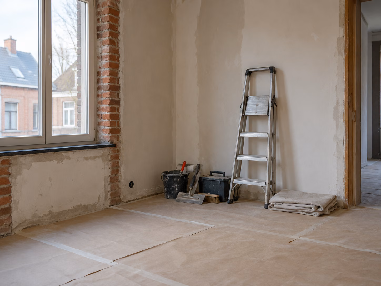 Un chantier intérieur à l’arrêt en fin de journée : bâche de protection au sol, escabeau replié, outils rangés contre le mur