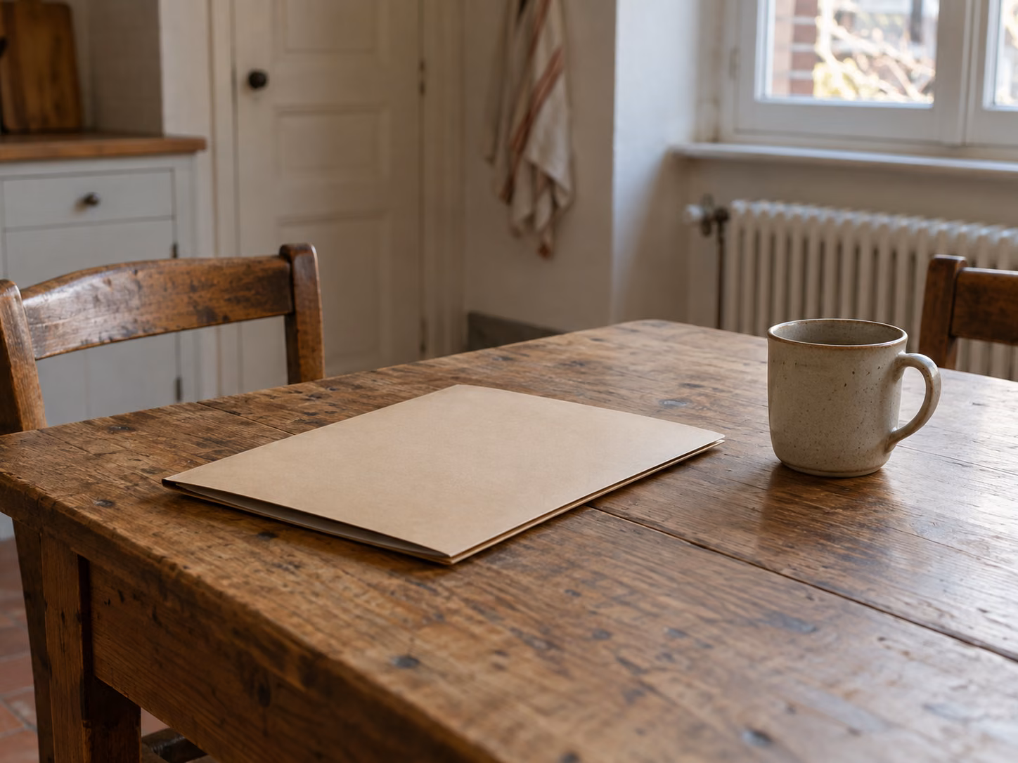 Une table de cuisine ancienne avec un dossier papier fermé et une tasse, lumière de fin d’après-midi par la fenêtre