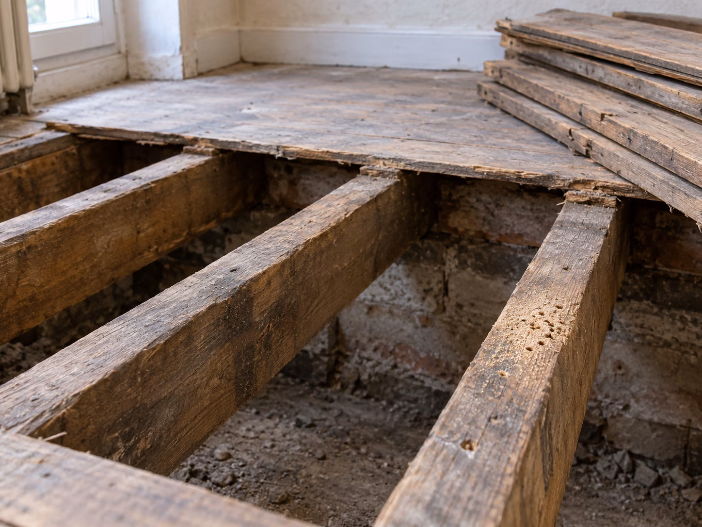 Un plancher bois partiellement déposé révélant des solives anciennes, dont l’une porte une trace d’attaque d’insectes