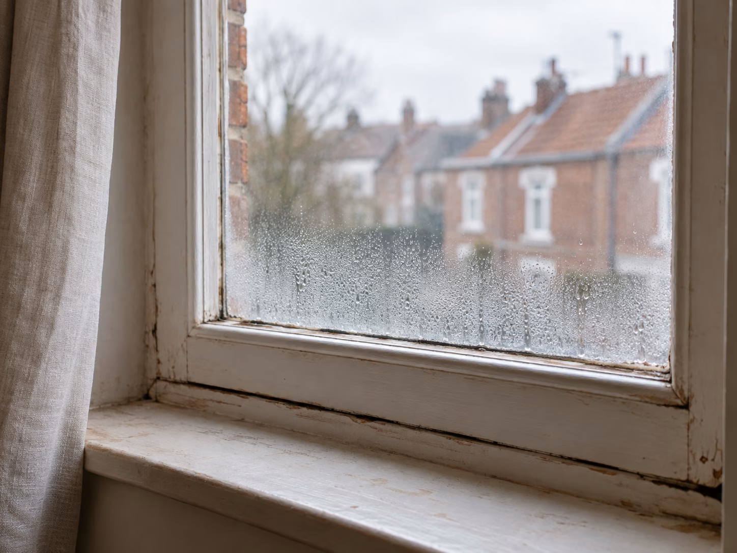 Une fenêtre à simple vitrage ancienne avec de la condensation en bas de vitre, rideau tiré sur le côté