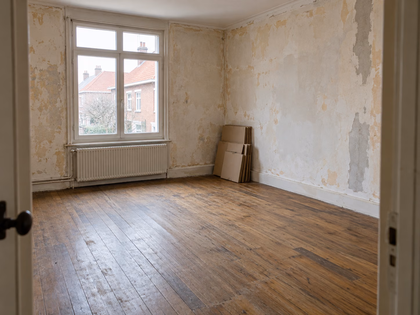 Un salon vide aux murs décapés, cartons pliés empilés dans un angle, parquet ancien à reprendre