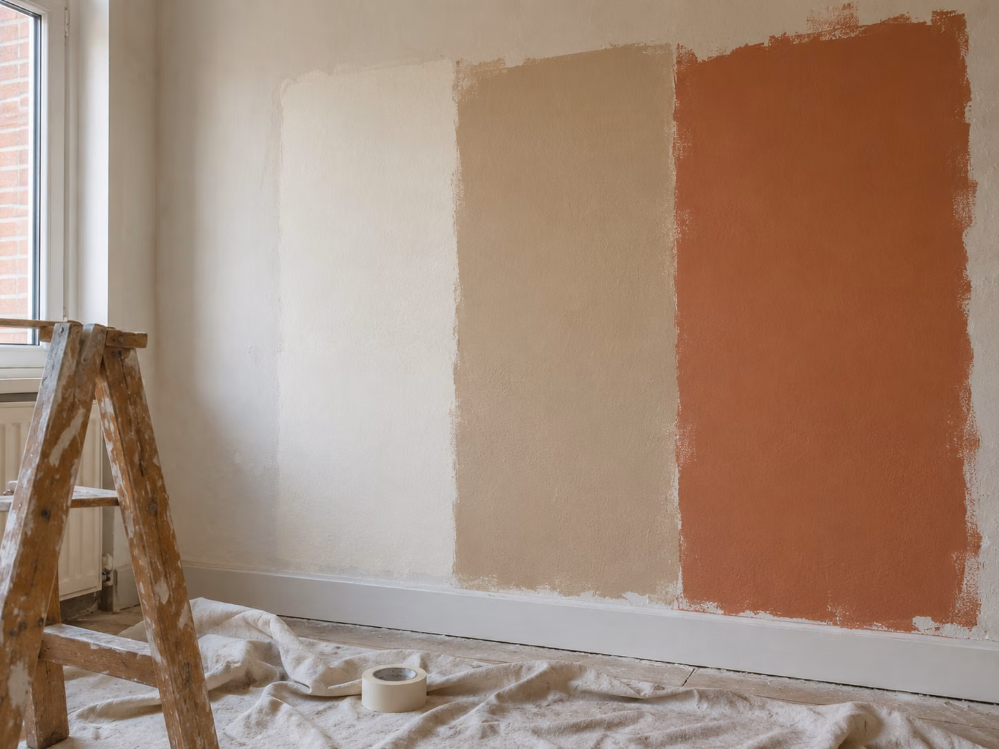 Un mur d’essai peint en trois bandes de teintes différentes, du blanc cassé au terracotta, sous une lumière naturelle