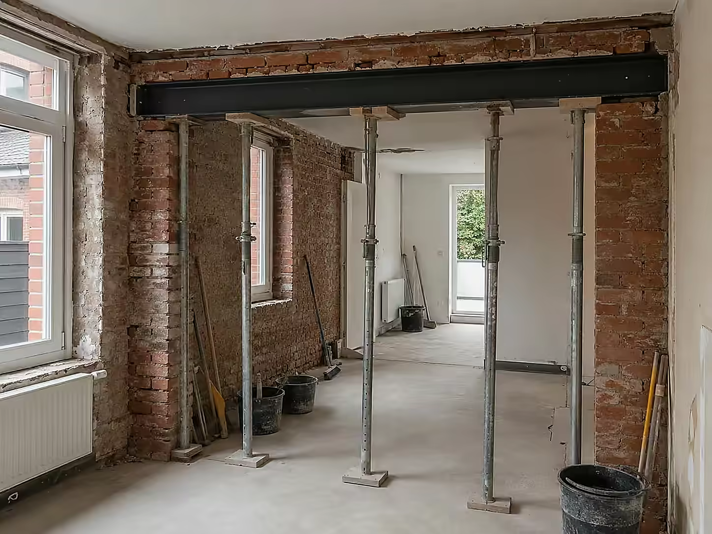 Ouverture dans un mur porteur maintenue par des étais pendant les travaux