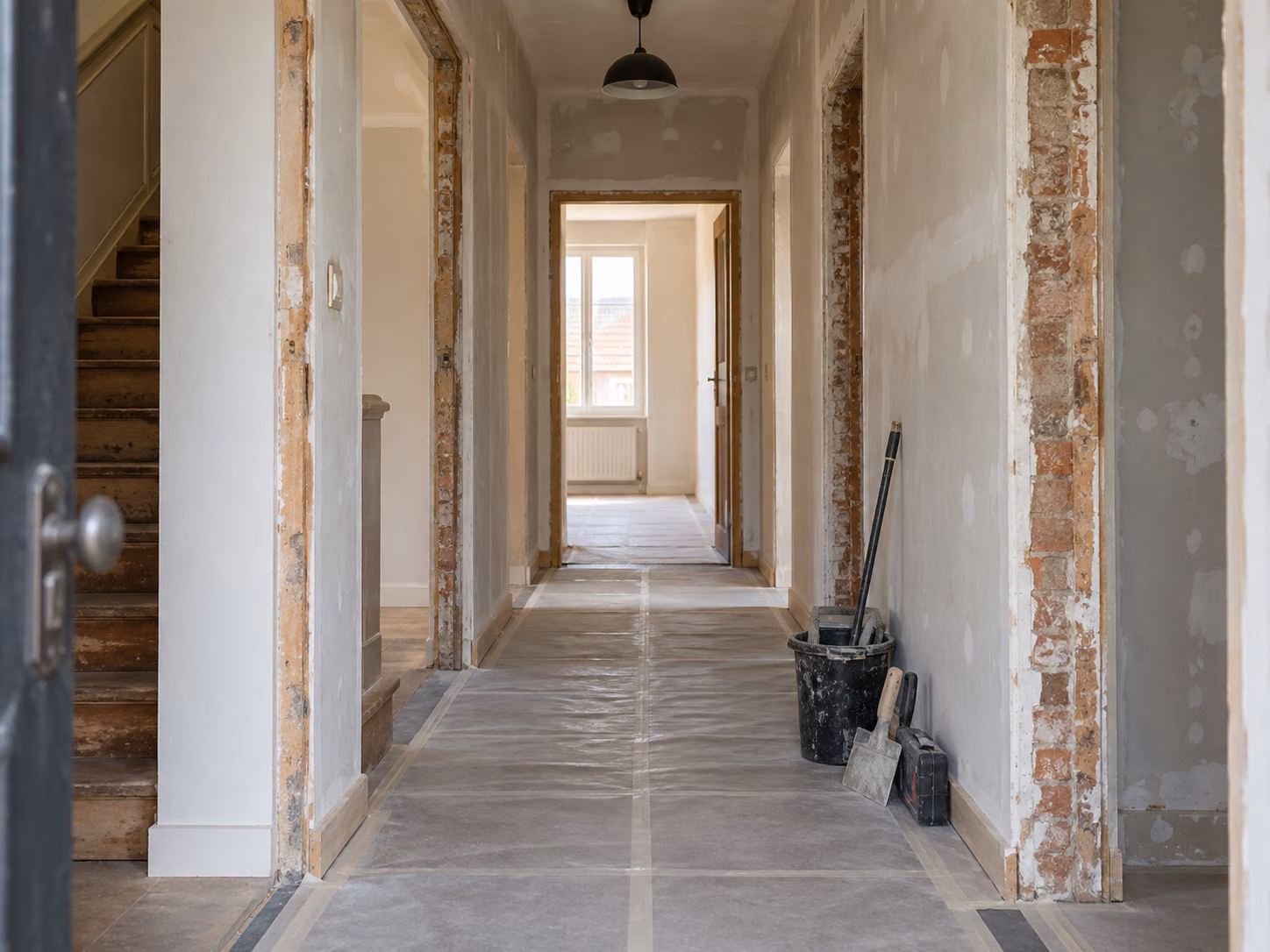 Un couloir de maison en travaux vu depuis l’entrée, portes déposées, protections au sol, lumière au fond