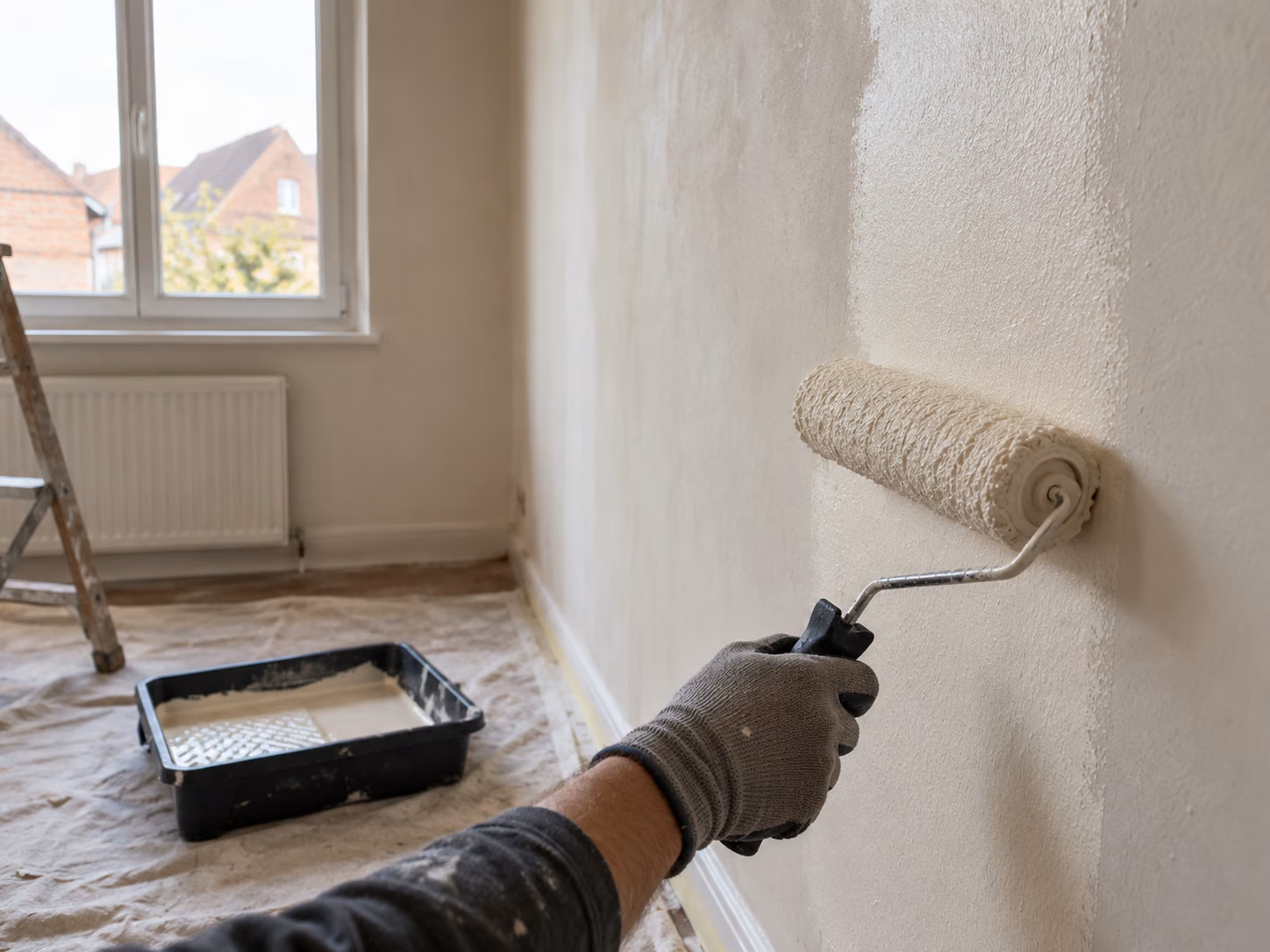 Un rouleau de peinture appliquant une teinte blanc cassé sur un mur préparé, bac à peinture au sol