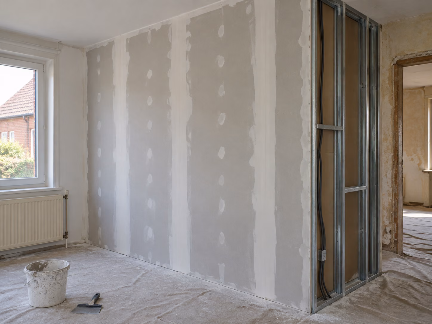 Une cloison en plaques de plâtre montée, bandes de joint appliquées et en cours de séchage, ossature encore visible en partie