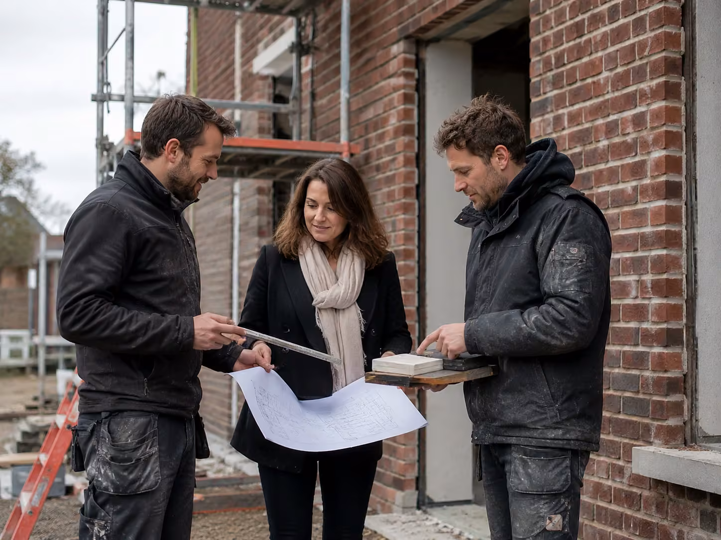 Point de chantier devant une façade, plans à la main