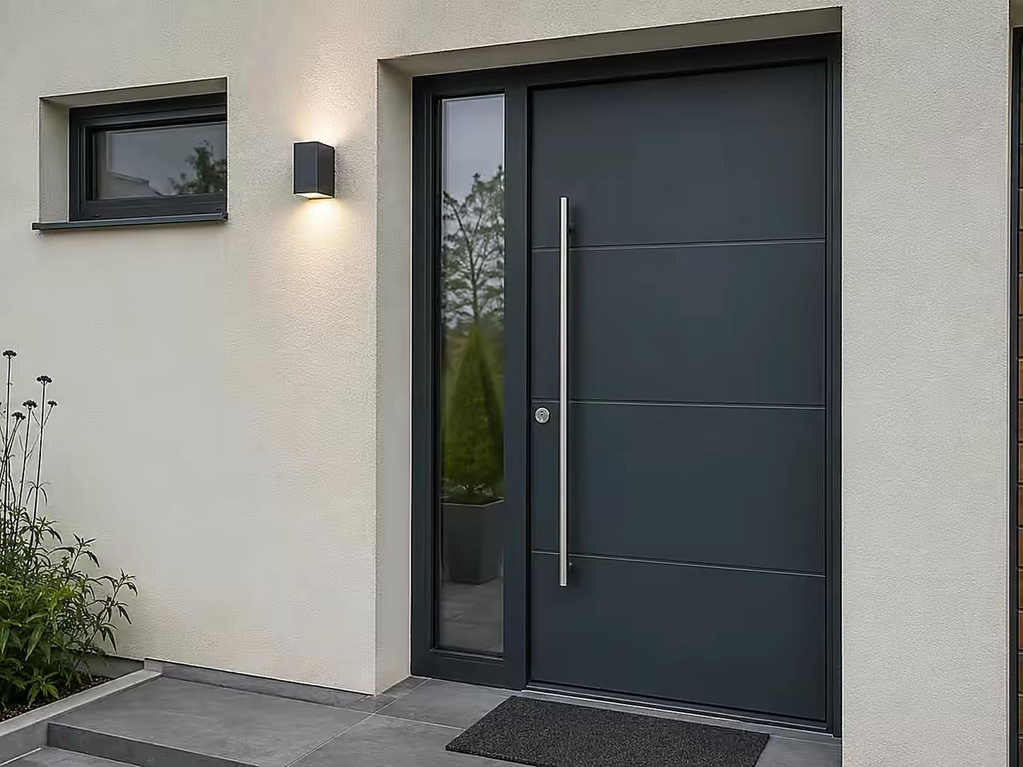 Porte d’entrée anthracite sur façade brique - visuel d’illustration, projet non réalisé par Alpha Rénovation