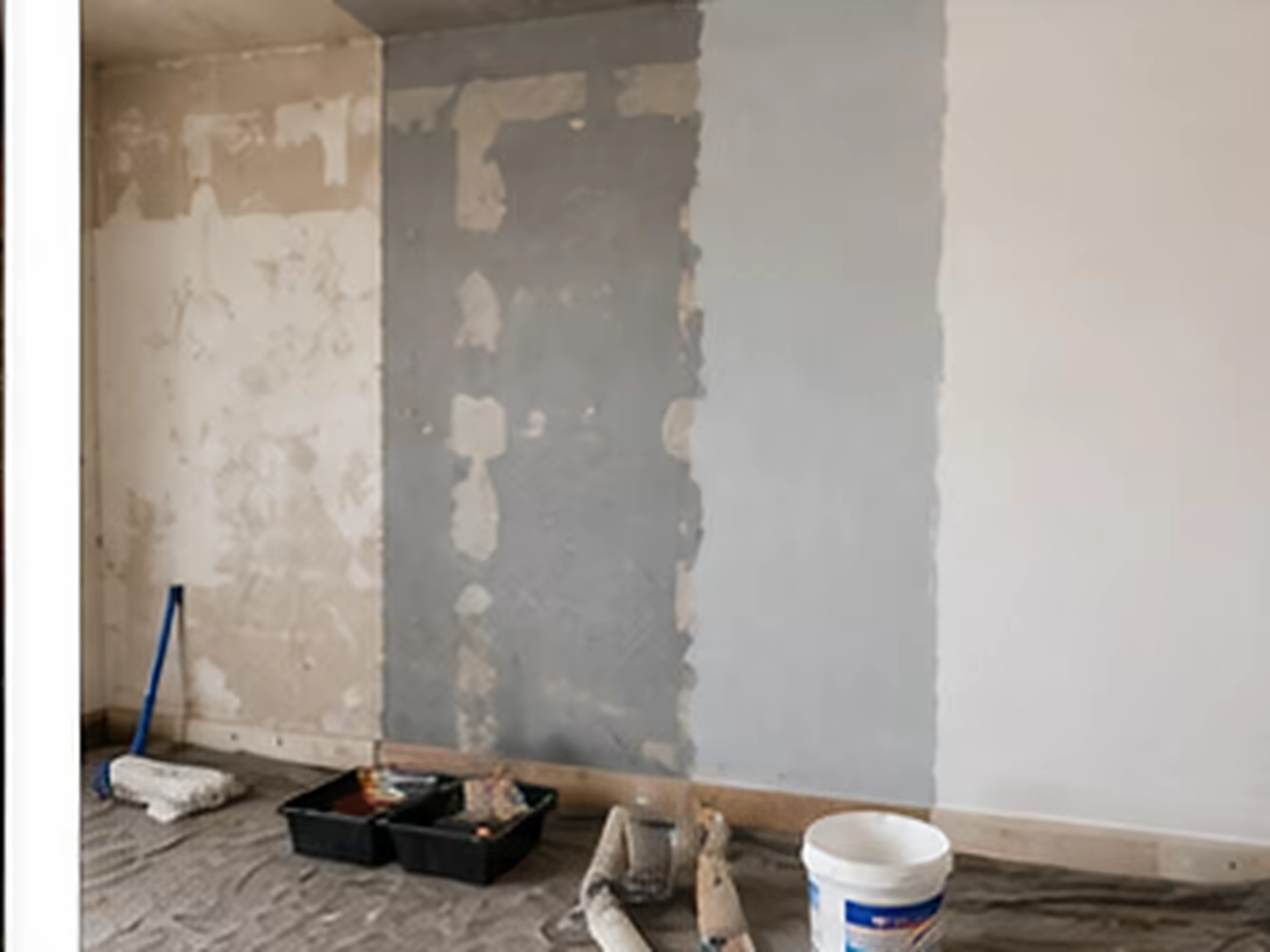 mur intérieur préparé avec enduit poncé impression et peinture de finition