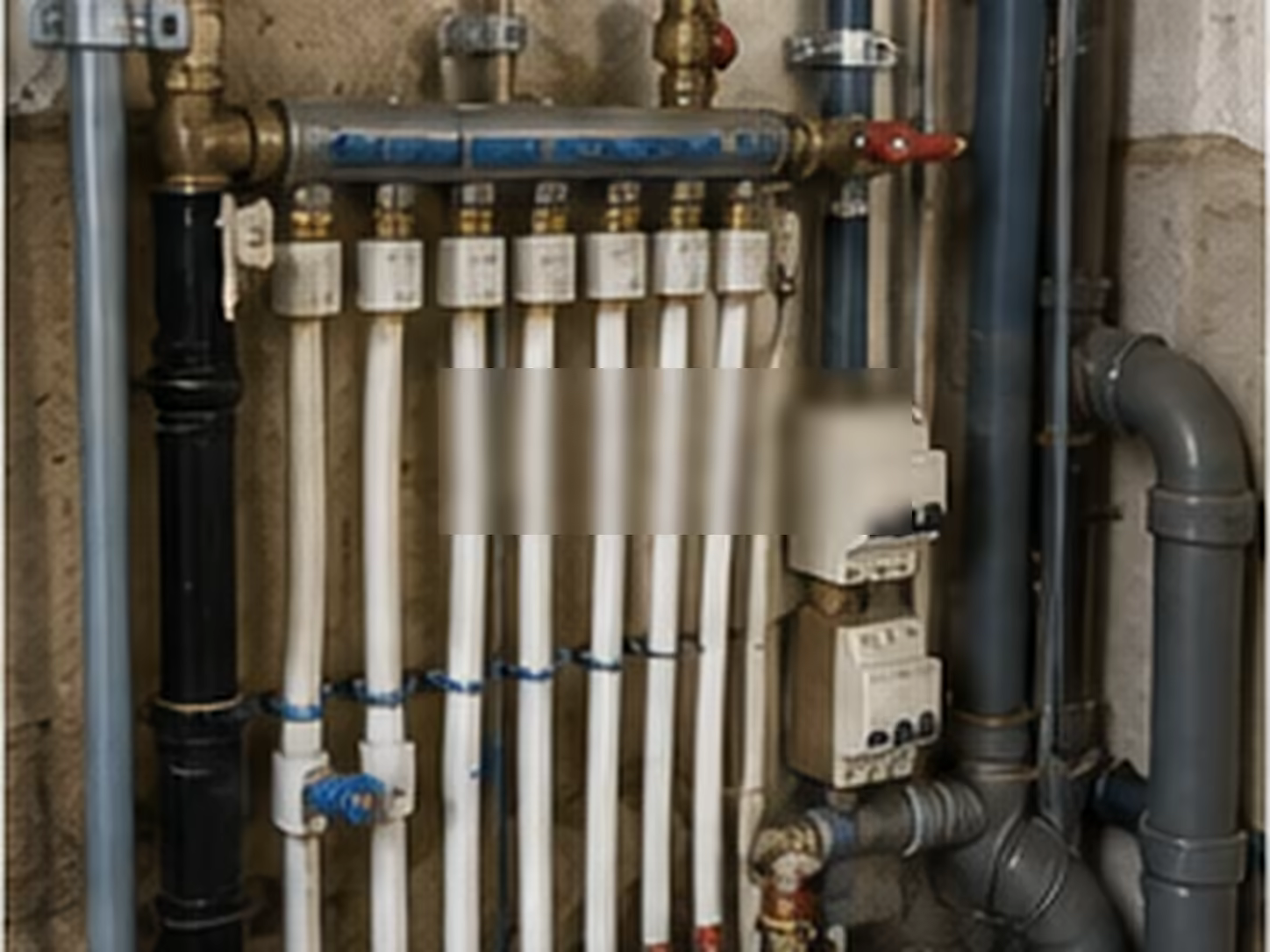 réseau de plomberie multicouche avec nourrice vannes raccords et évacuations visibles