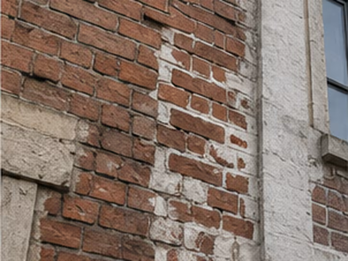 façade ancienne en brique avec joints ouverts et zones d’enduit déposées