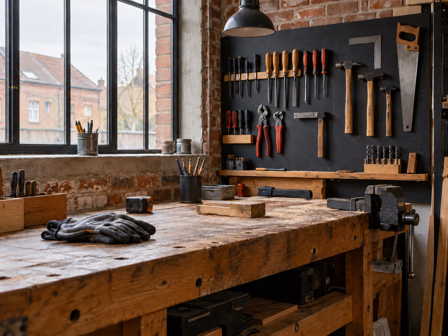 Un atelier rangé : établi en bois, outils suspendus au mur, lumière naturelle par une verrière