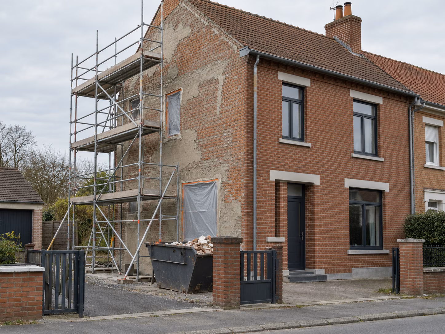 Une maison en brique du Nord en travaux, échafaudage sur un pignon, benne à gravats devant le portail