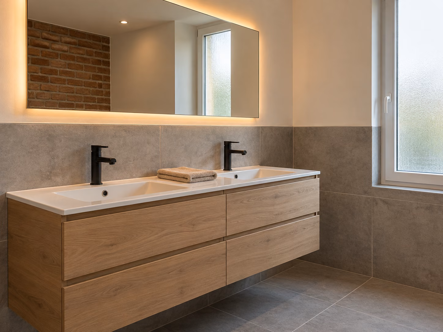 Une salle de bains avec meuble double vasque en bois clair, miroir rétroéclairé, carrelage effet béton