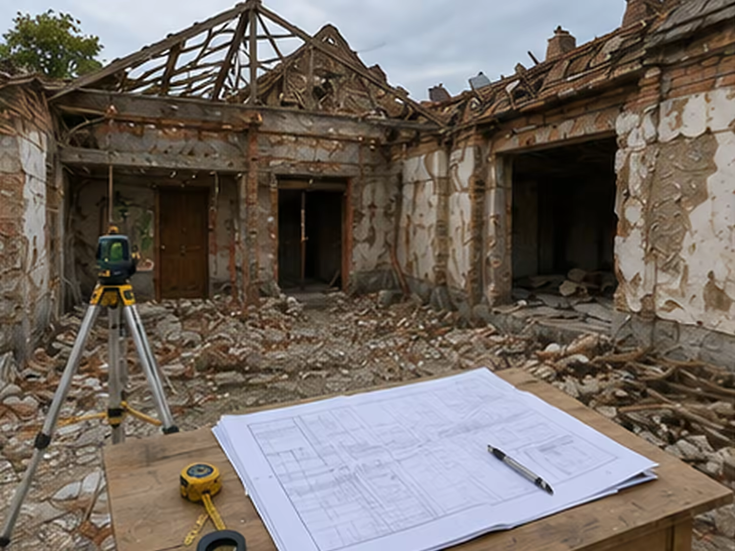 bâtiment existant relevé avec plans de transformation et emprise de chantier