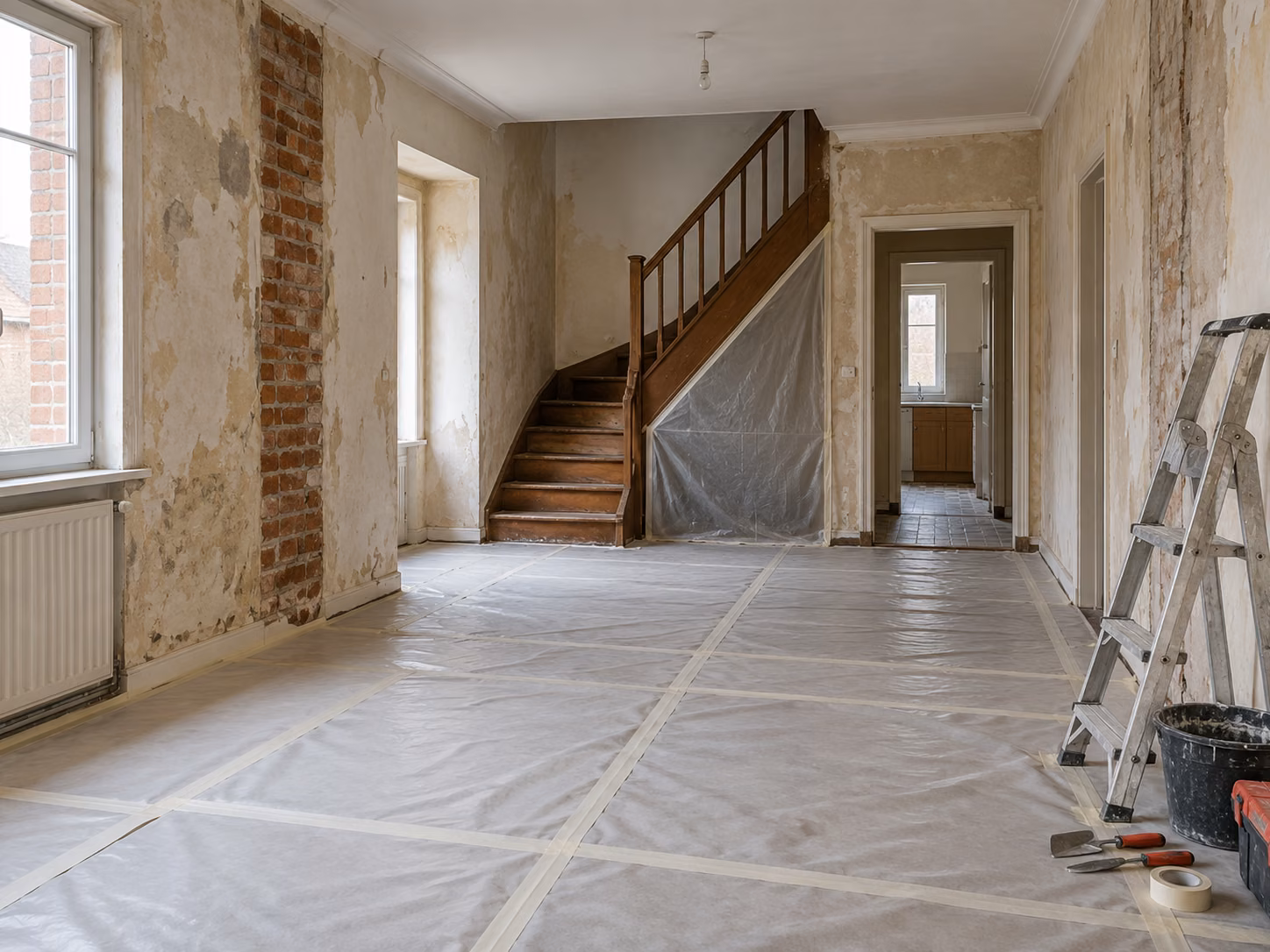 Un intérieur de maison ancienne en cours de rénovation, murs décapés, sol protégé, escalier bois en fond