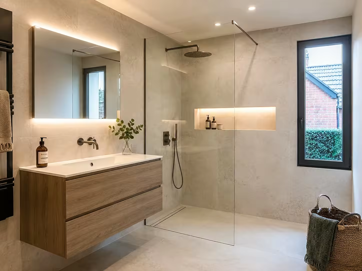 Salle de bains rénovée avec meuble suspendu en bois