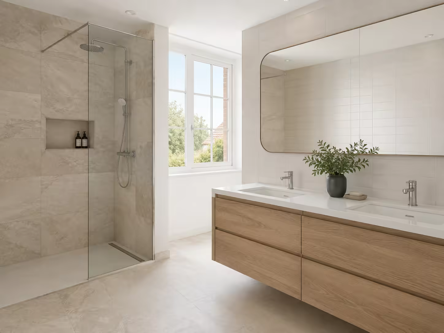 Salle d’eau contemporaine, meuble suspendu en bois clair et douche à l’italienne vitrée