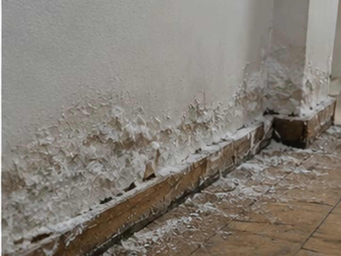 dépôt blanc au pied d’un mur intérieur avant reprise du support