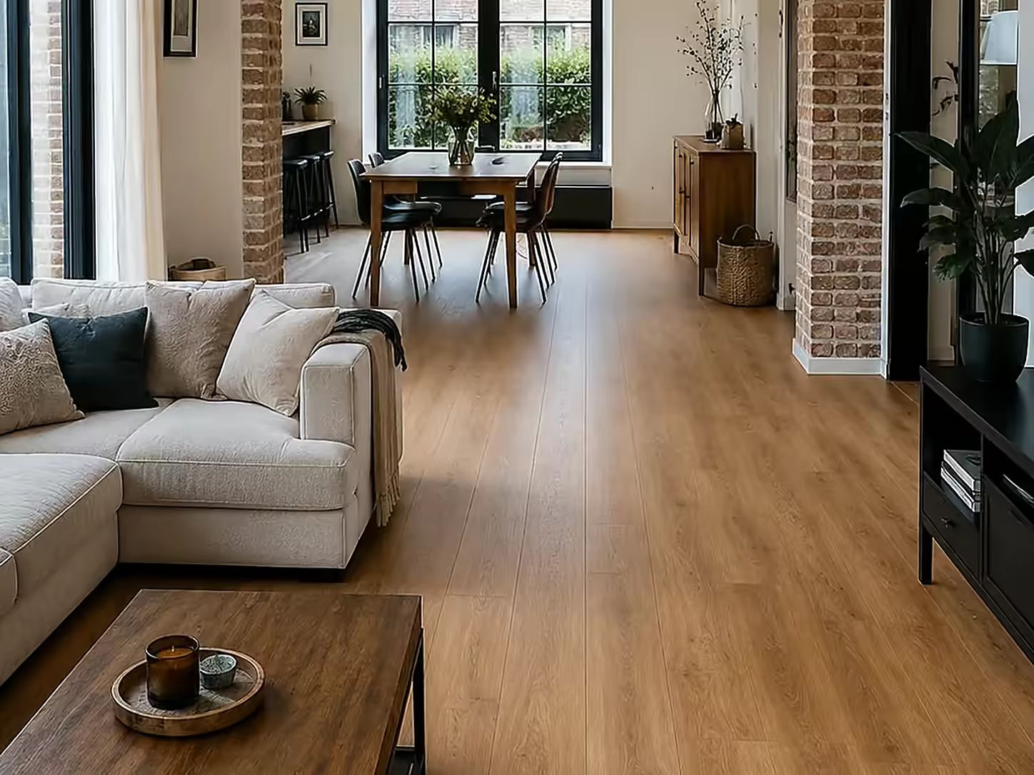 Séjour rénové, mur en brique apparente - Alpha Rénovation